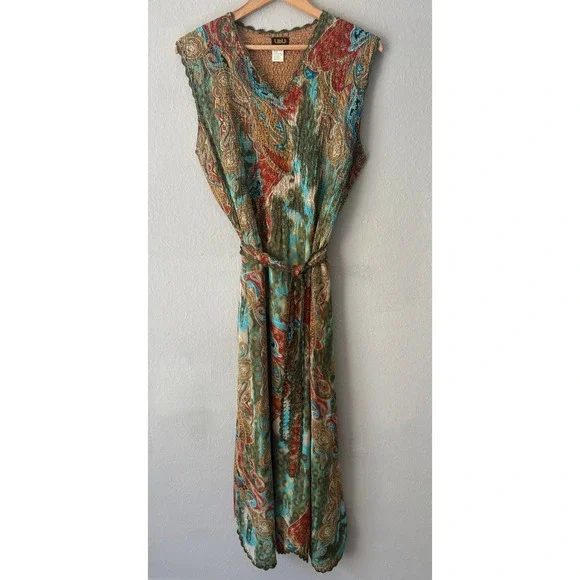 Vintage Ubu Paisley Floral Popcorn Maxi Dress Boho Scalloped Lace Trim Belted - Picture 4 of 14